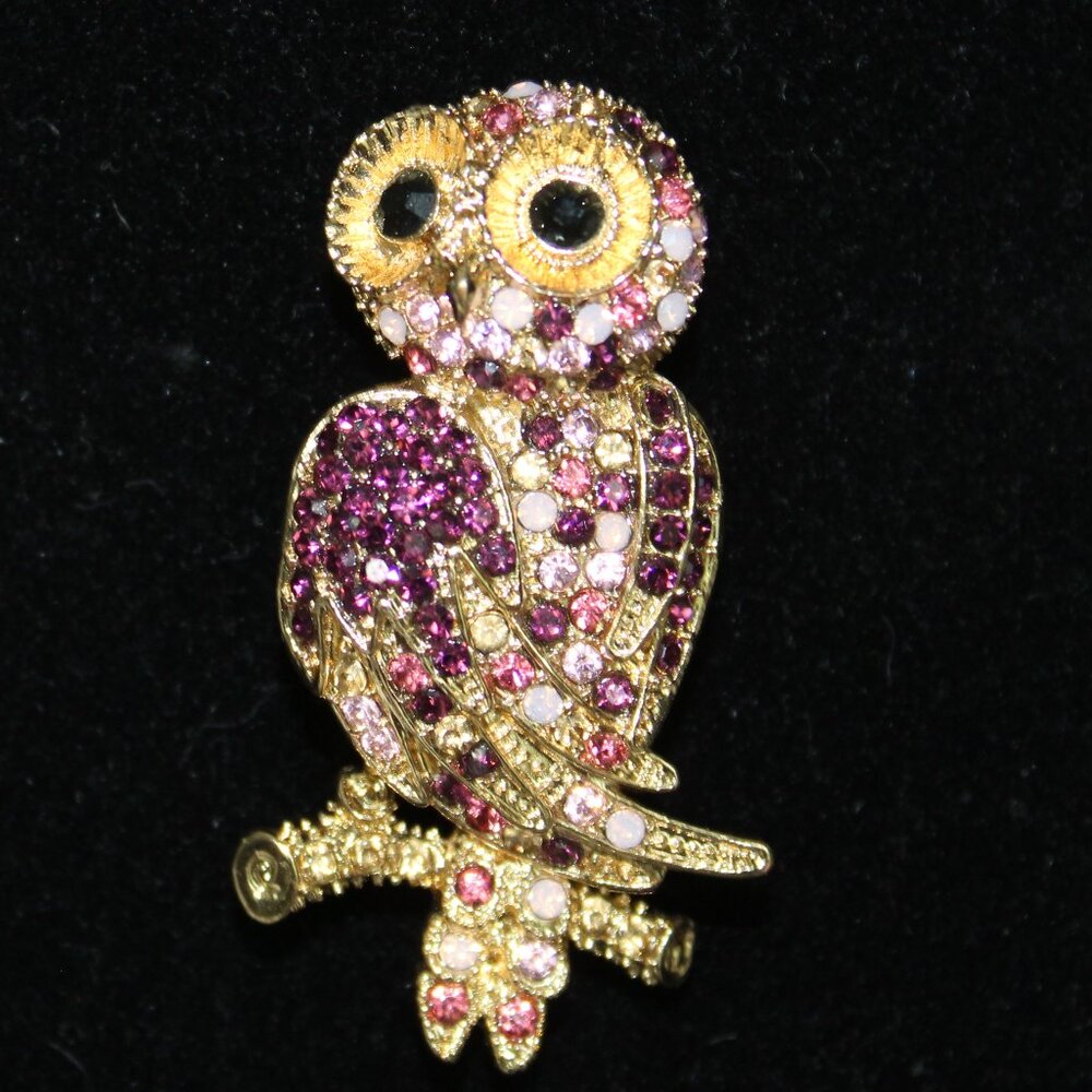 Monet Golden Owl Crystal Pink Purple Rhinestone Brooch